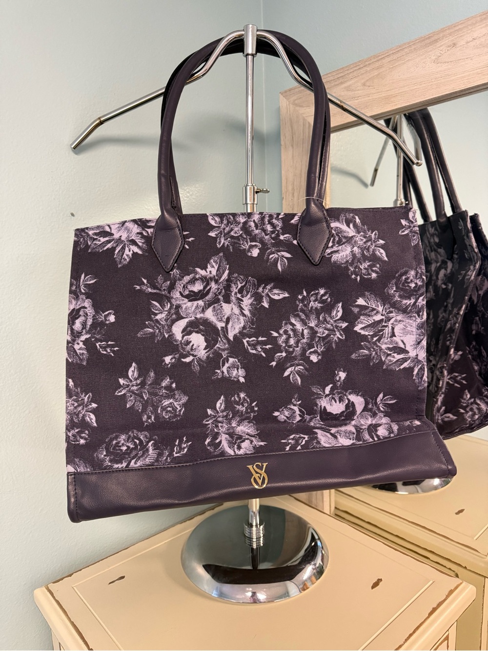 Victoria’s Secret Floral Tote Bag Black Purple Gold Logo NWT 15”x12”